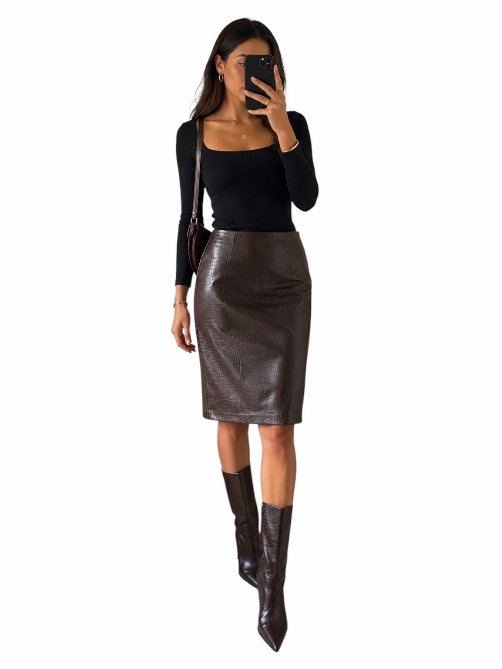 Vintage INC International Concepts Brown-ish Croc-Embossed Leather Skirt, SZ 14